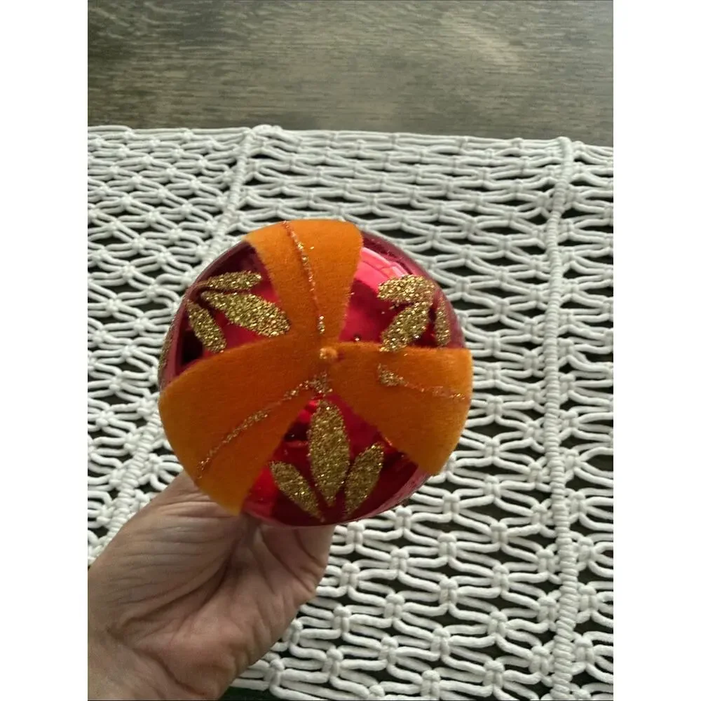 Vintage Orange & Red Mercury Glass Glitter Indent Holiday Christmas Ornament